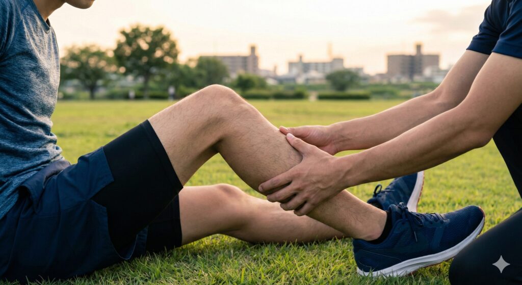 スポーツ中の肉離れ（ふくらはぎ）の痛みをケアするトレーナーと選手