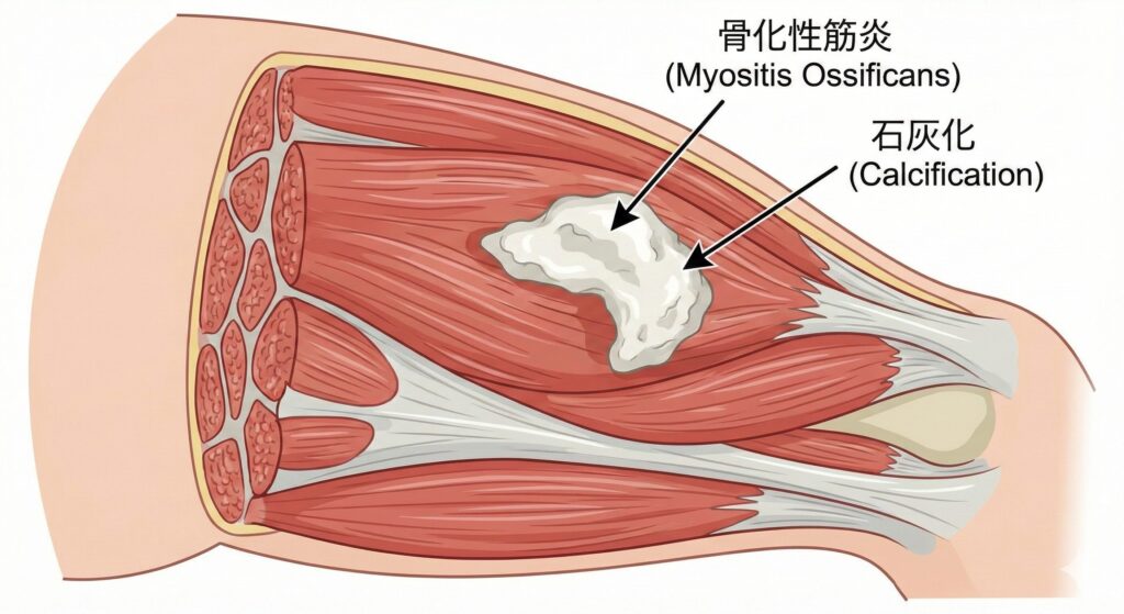 太ももの打撲の後遺症である骨化性筋炎の図説
