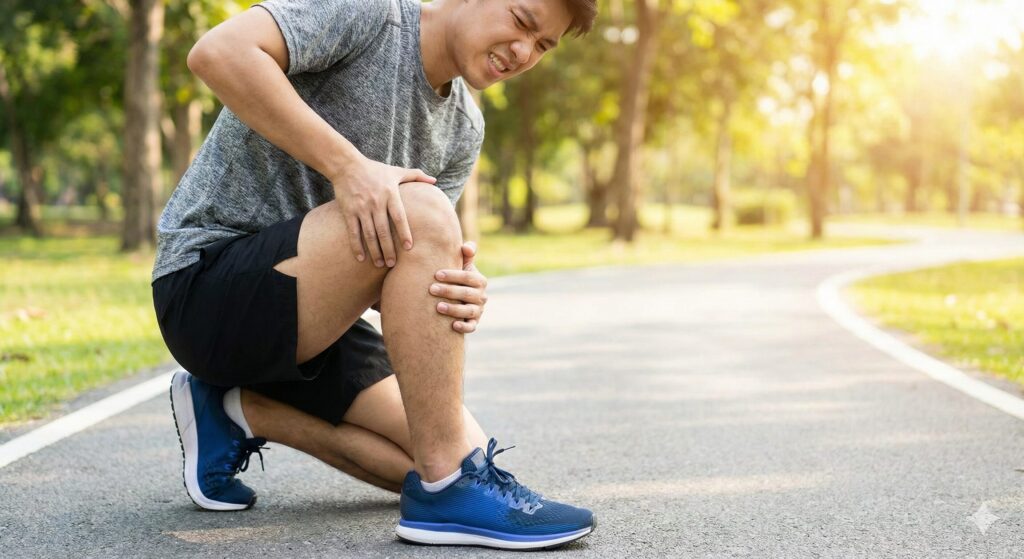 公園を走っていて膝を押さえて腸脛靭帯炎(ランナー膝)に苦しむ男性