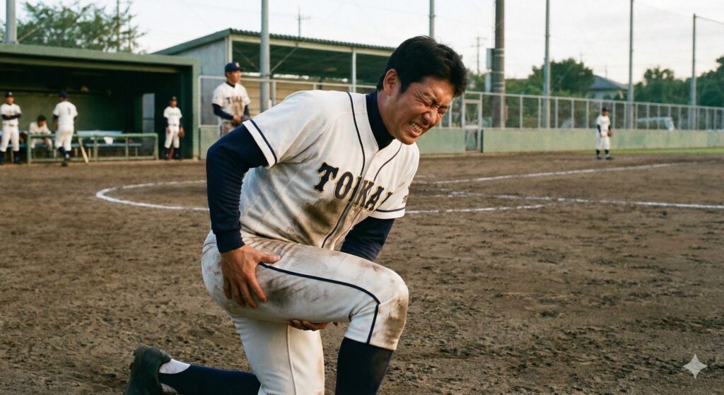 大腿部を抑え肉離れの痛みに顔をしかめる野球選手