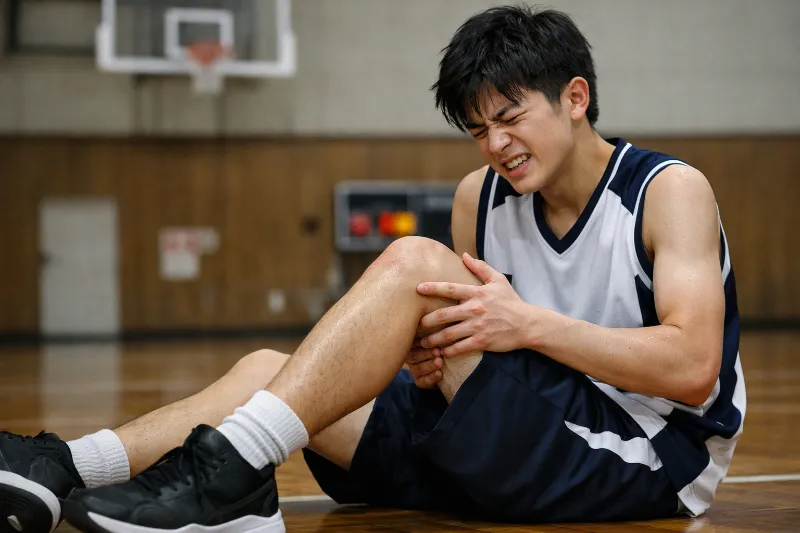 大府市で大腿部に打撲を受けたバスケットボール選手が痛がる写真