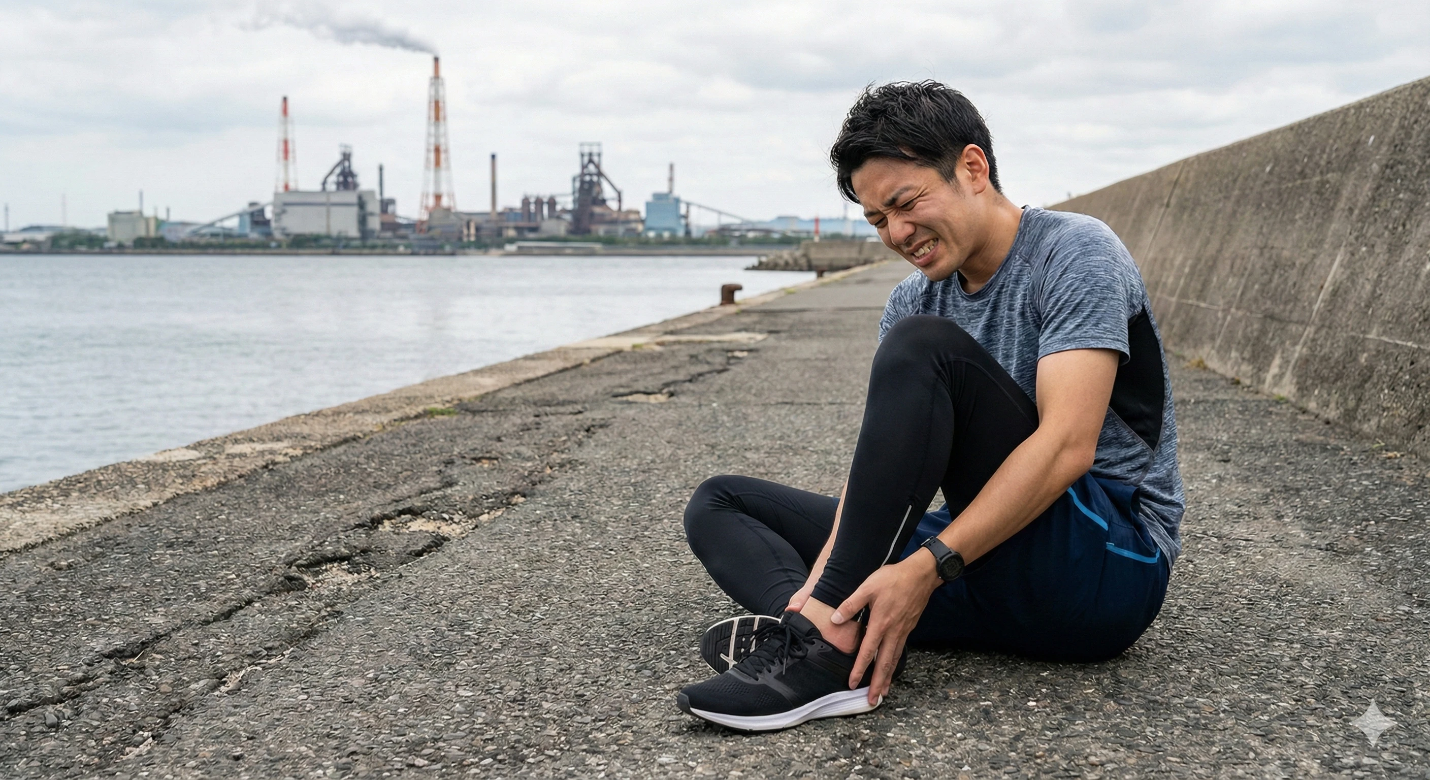 知多市沿岸部でランニング中の足底筋膜炎の痛みに苦しむ男性