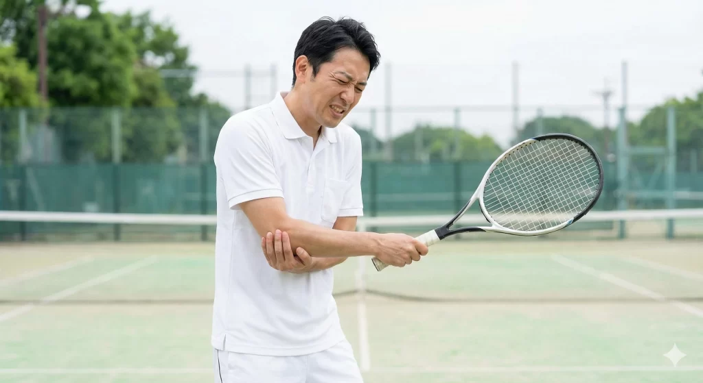 テニス肘で肘が痛い男性