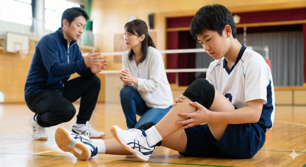 半田市でオスグッドの痛みに顔をしかめる男の子