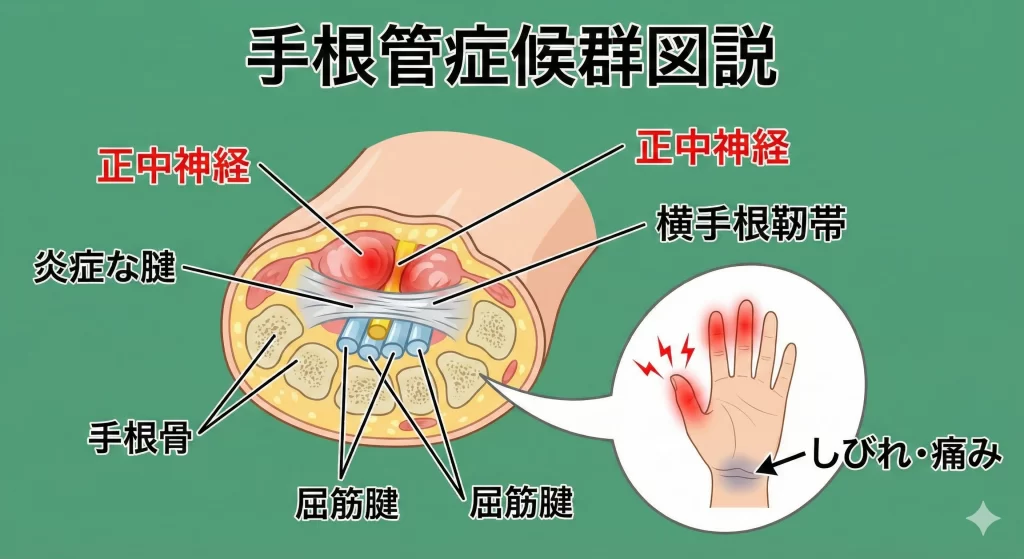 手根管症候群の解剖図：正中神経が圧迫されている様子