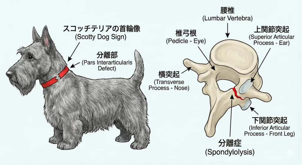 大府市で腰の痛み、腰椎分離症の解説をする図