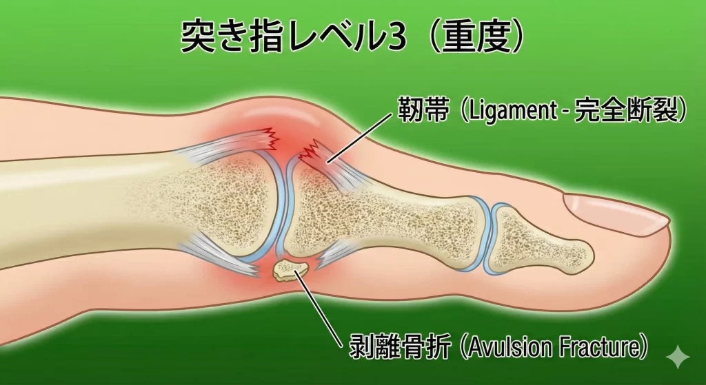 脱臼が伴う突き指、ひどい突き指解説図