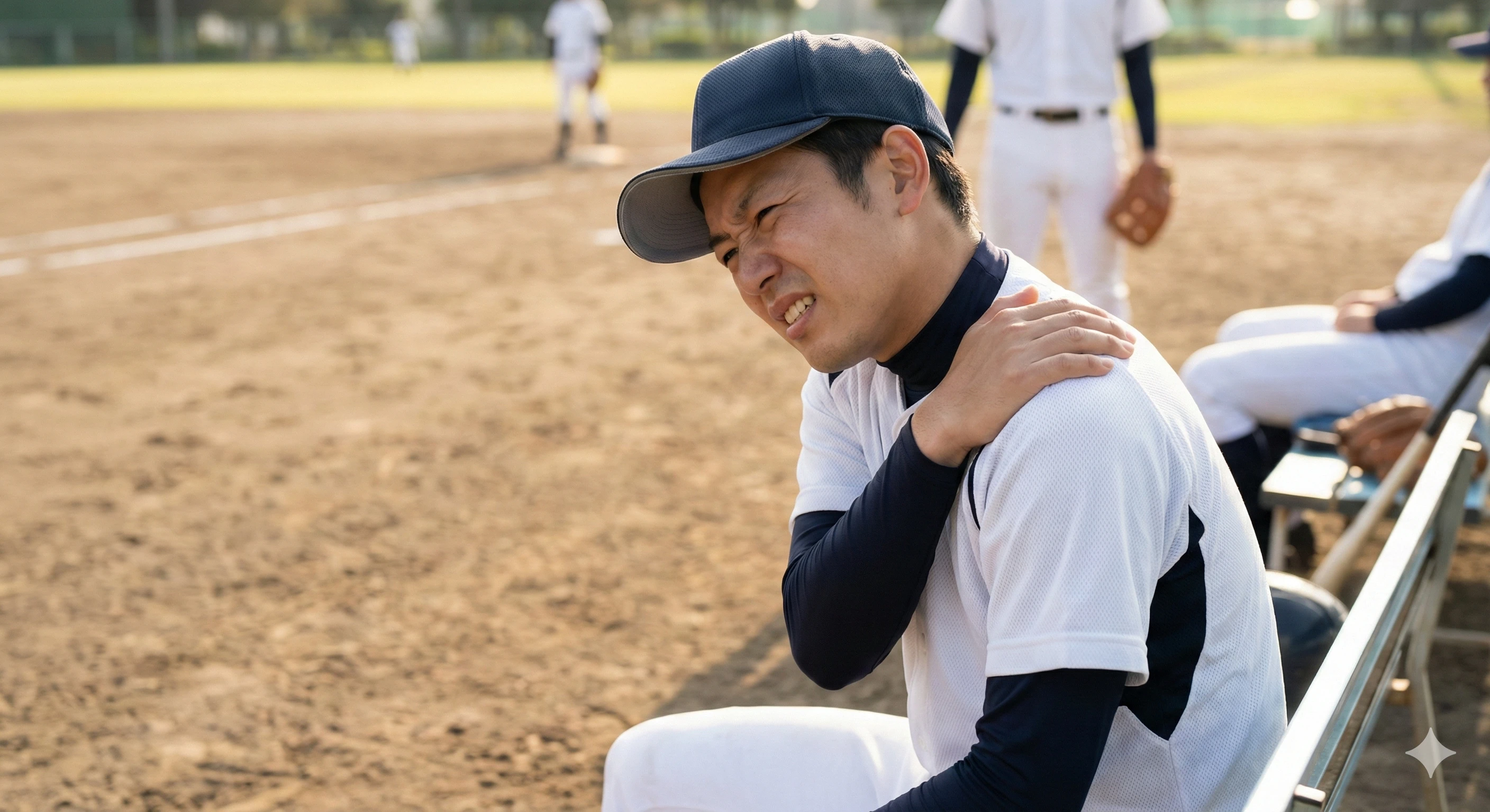 大府市のグランドで野球肩によって肩が痛い様子