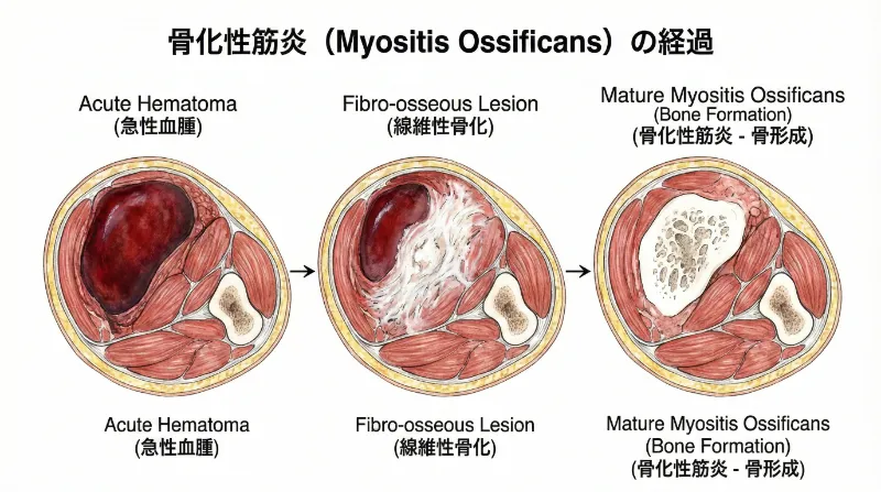 大府市で打撲の後遺症である骨化性筋炎の解説図