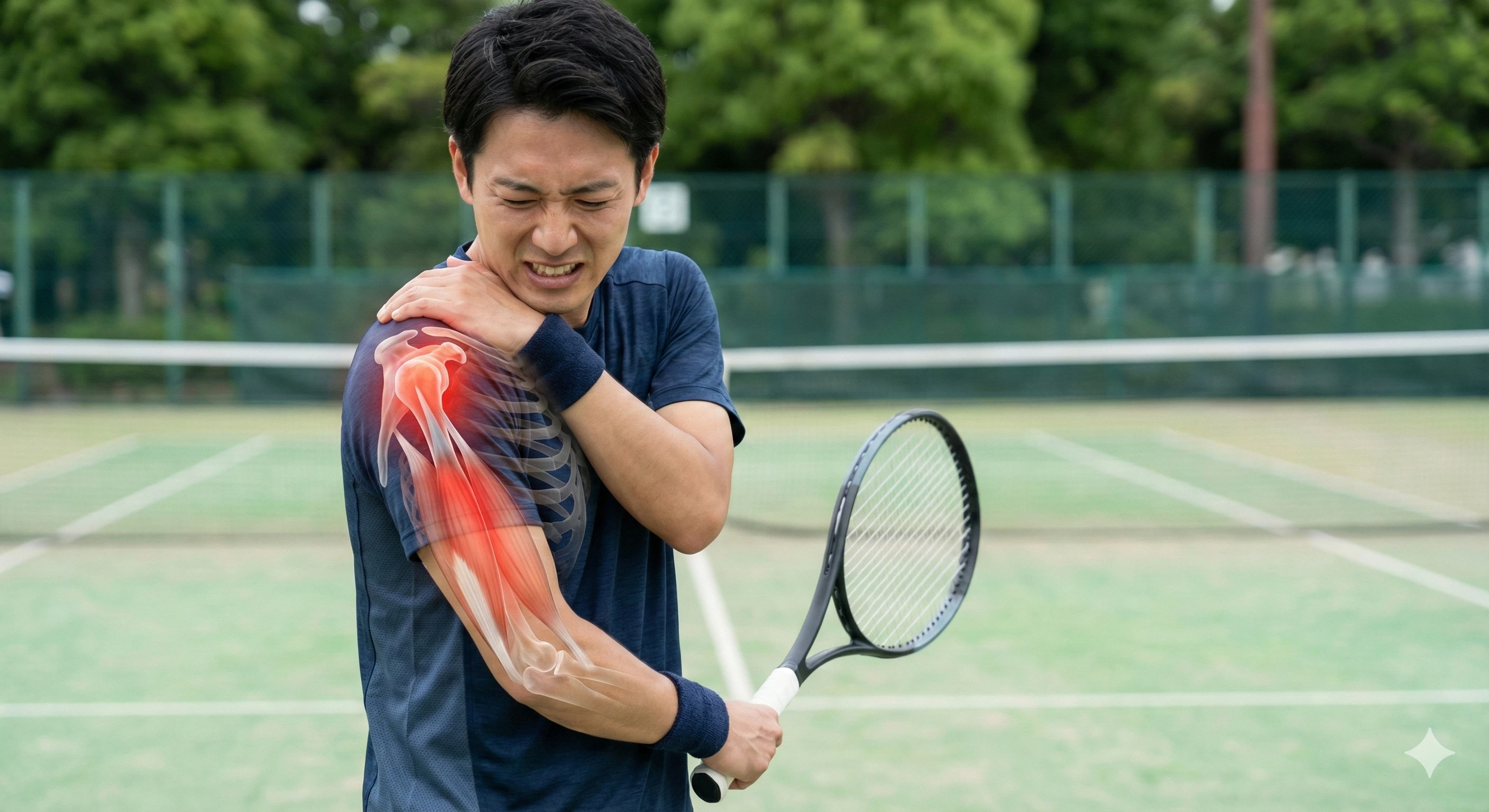 東海市のテニスコートで方の痛みに顔をしかめる男性