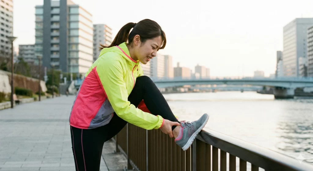 刈谷市の川沿いのランニングコースで足の裏の痛みを気にする女性