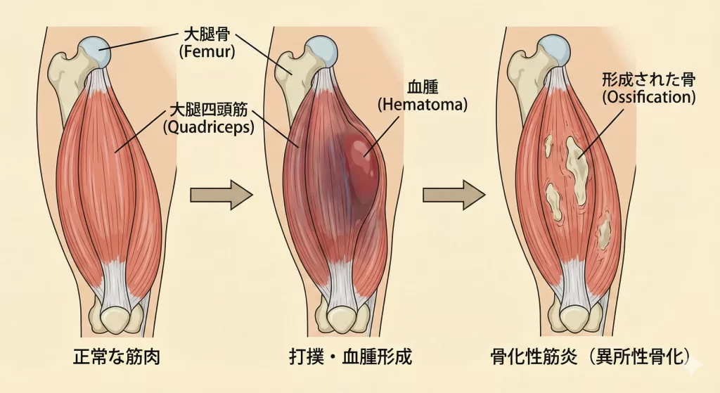 打撲、肉離れの後遺症である骨化性筋炎の解説図
