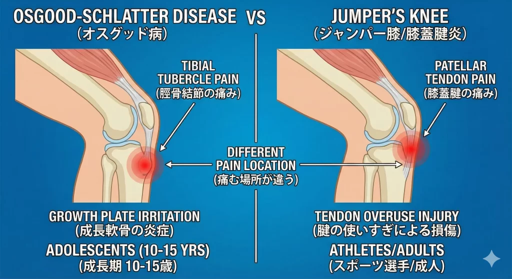 ジャンパー膝とオスグッドの膝の痛みの違いを解説する図