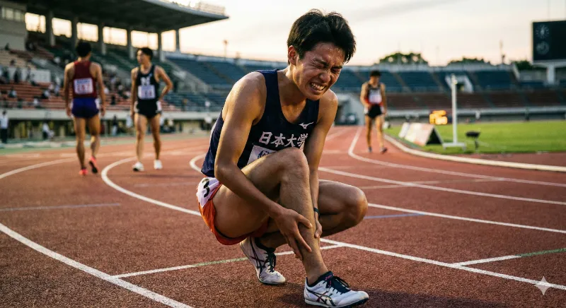 知多市の競技場でシンスプリントの痛みにうずくまる陸上選手