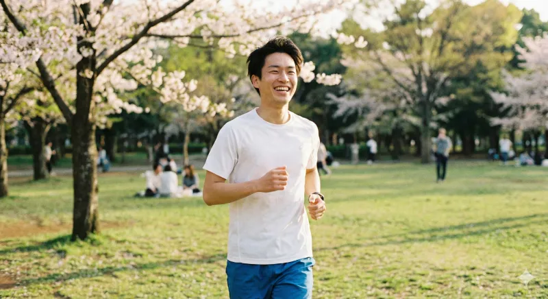 大府市あいち健康の森公園で捻挫の痛みを気にせずにランニングを続ける男性