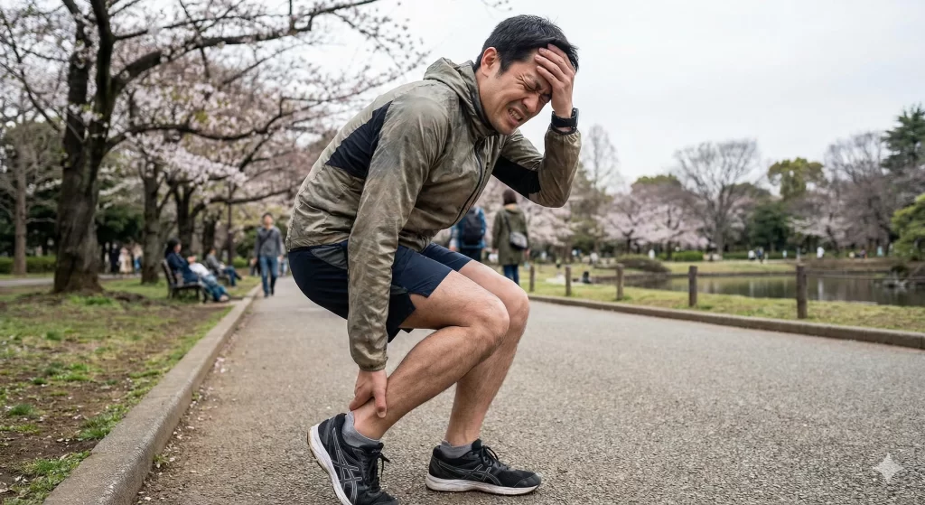 東海市でアキレス腱の痛みに顔をしかめる男性