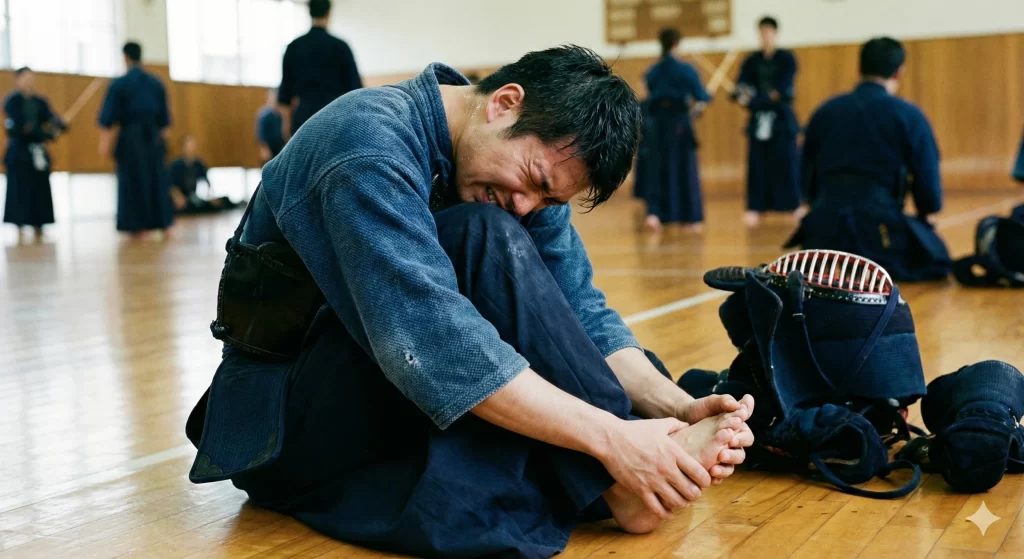 大府市で足底筋膜炎の痛みに俯く剣道選手