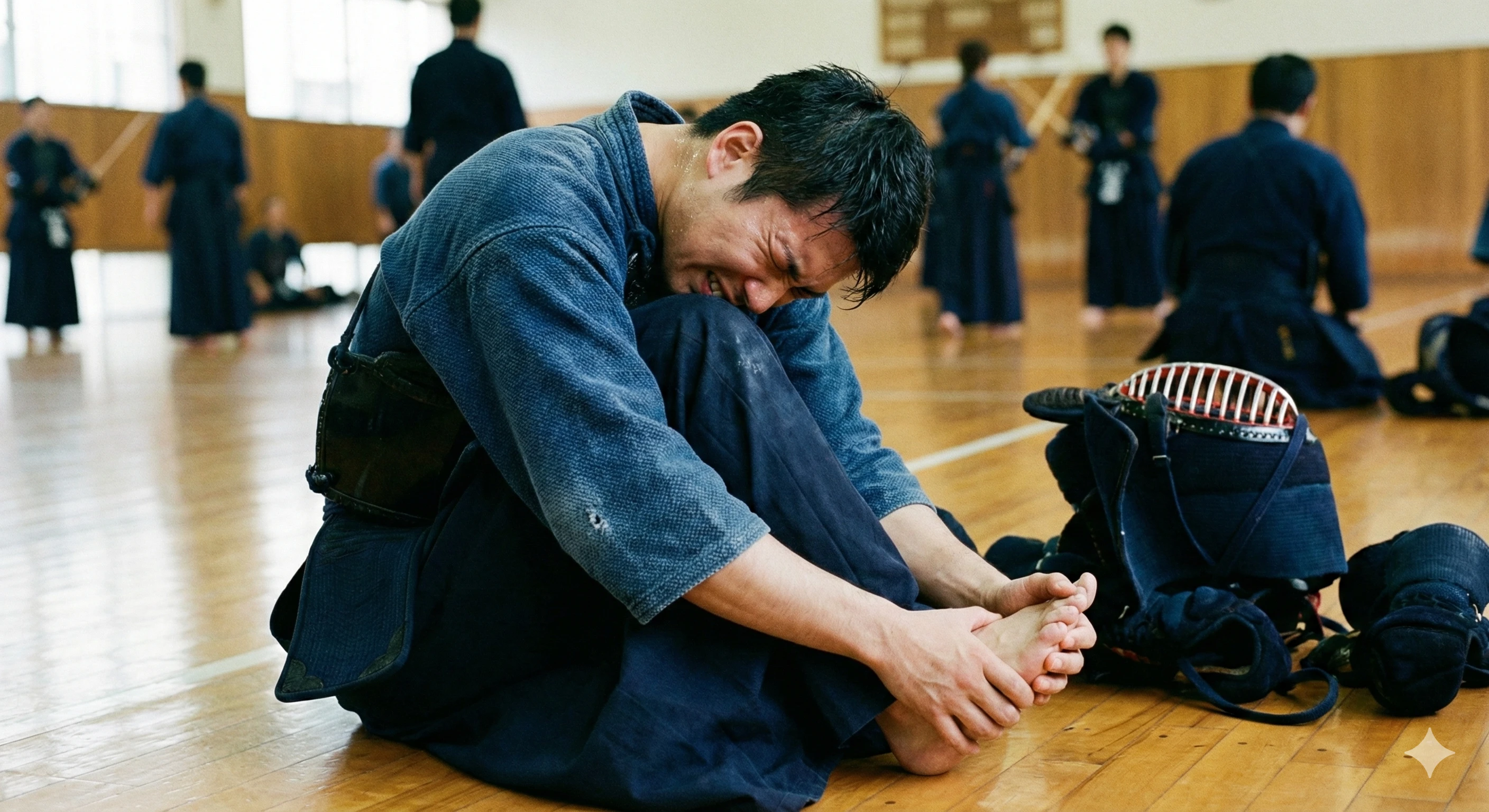 大府市で足底筋膜炎の痛みに俯く剣道選手