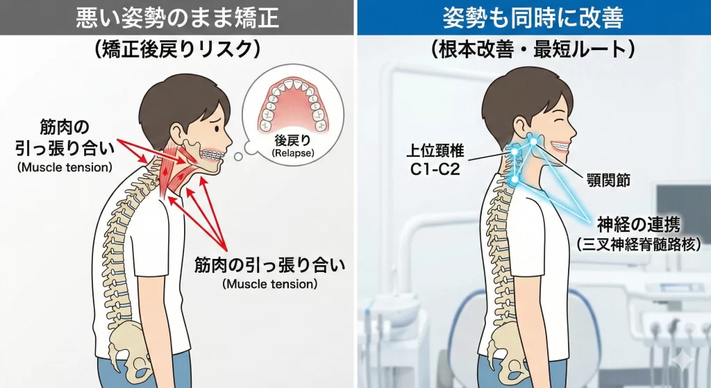 大府市で姿勢改善することで歯列矯正もうまくいくことを解説する図