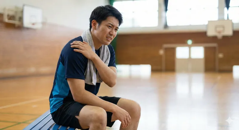 肩関節亜脱臼で肩を痛がるハンドボール選手