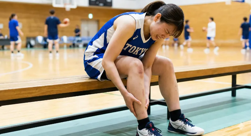 大府市の体育館でシンスプリントに苦しむバスケットボール選手