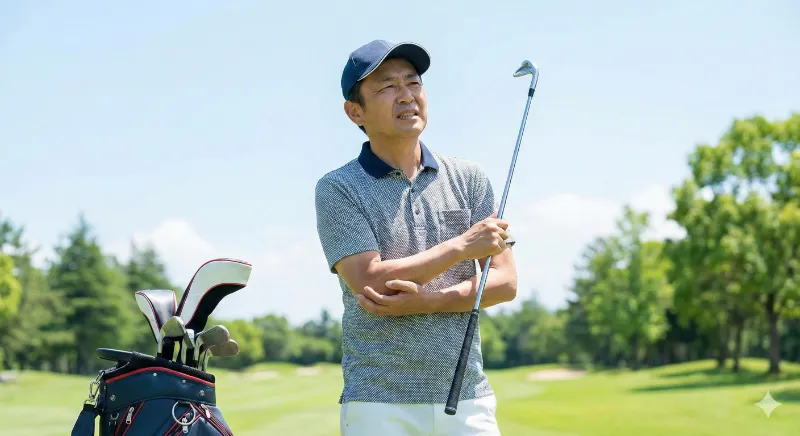 東海市でゴルフ肘の痛みに耐えながらゴルフをプレーする男性