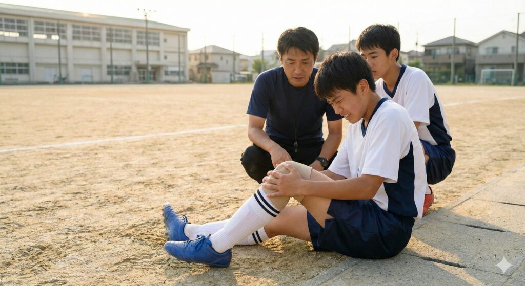半田市のグラウンドでオスグッドの痛みが出て座り込む男の子