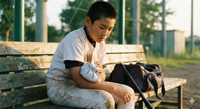 氷嚢で肘のアイシングをする野球肘の野球少年