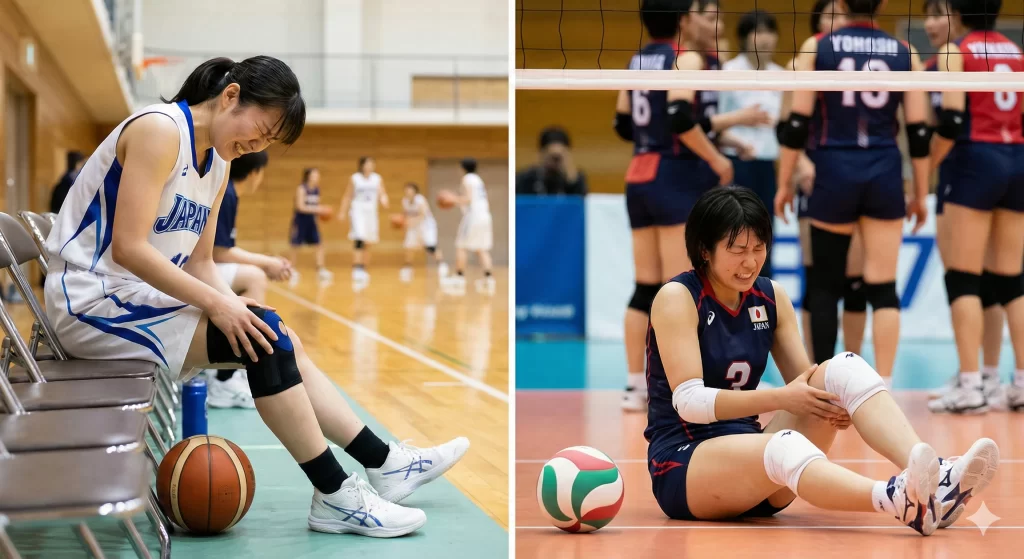 半田市で腸脛靭帯炎(ランナー膝)とジャンパー膝の痛みに顔を歪めるスポーツ選手