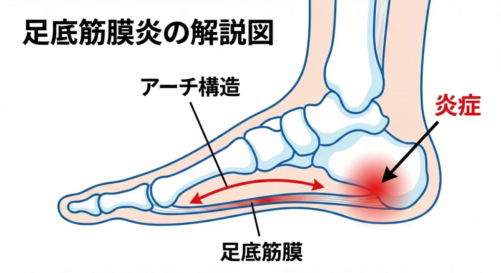足の裏、踵の痛み、足底筋膜炎の解説図