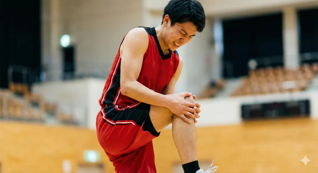 膝の痛みに耐えかねて苦しいか顔をするスポーツ選手