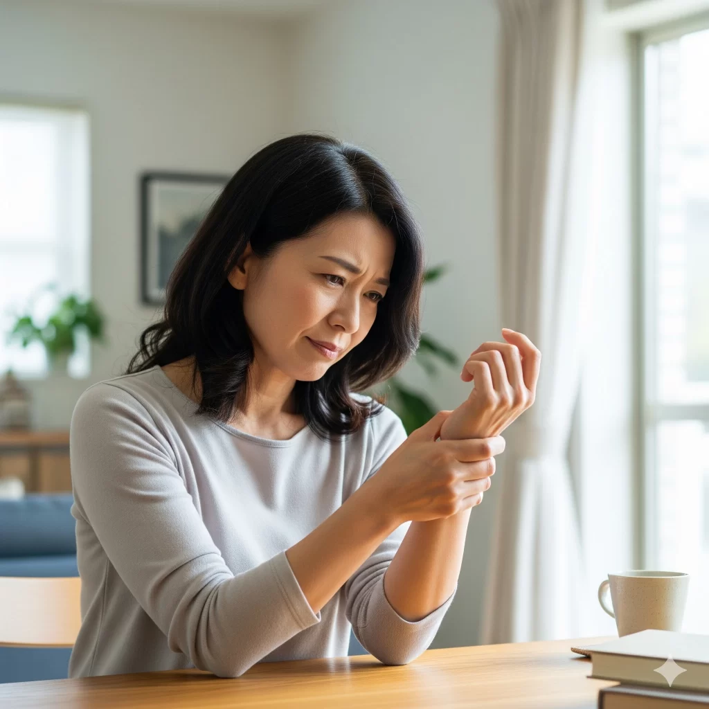 何をしても良くならない手首の痛みと痺れにかをしかめる女性