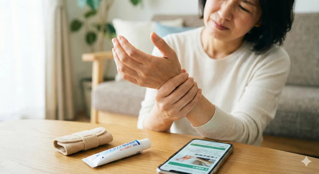 スマホを触っていて手首に痛みや痺れが出ている女性