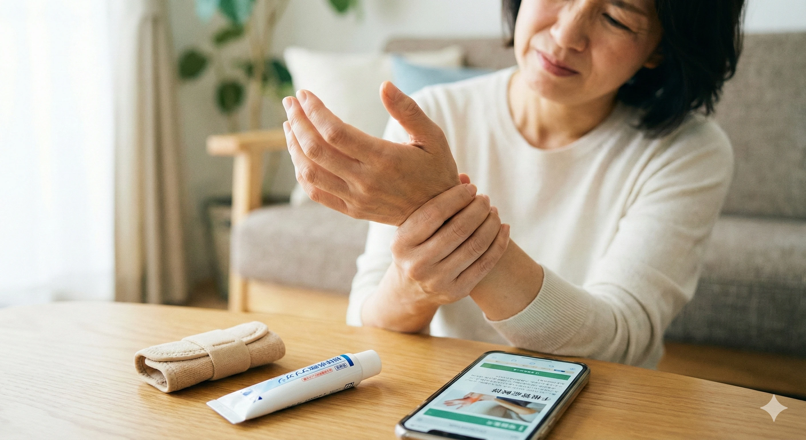 スマホを触っていて手首に痛みや痺れが出ている女性