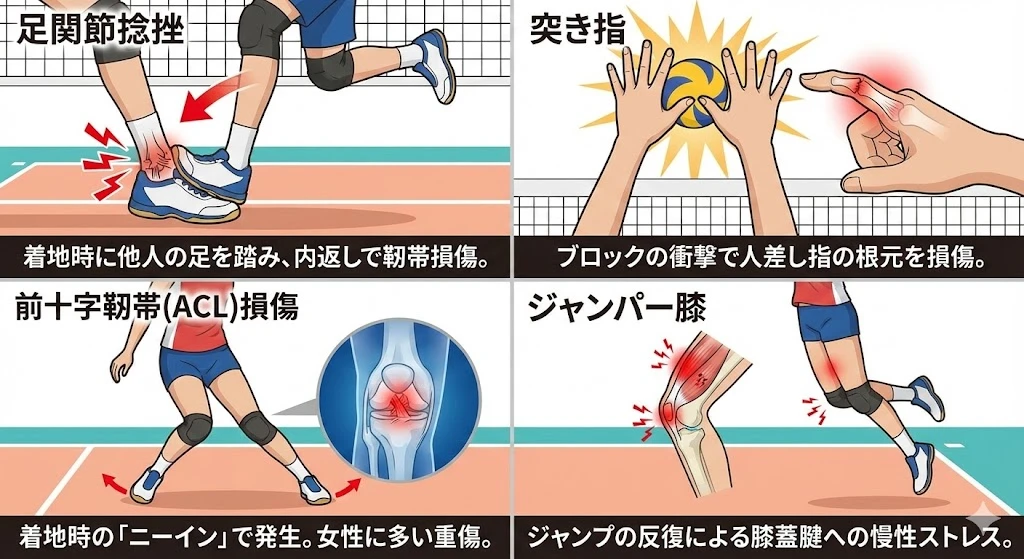 バレーボールで突き指、捻挫、ACL損傷、ジャンパー膝の痛み