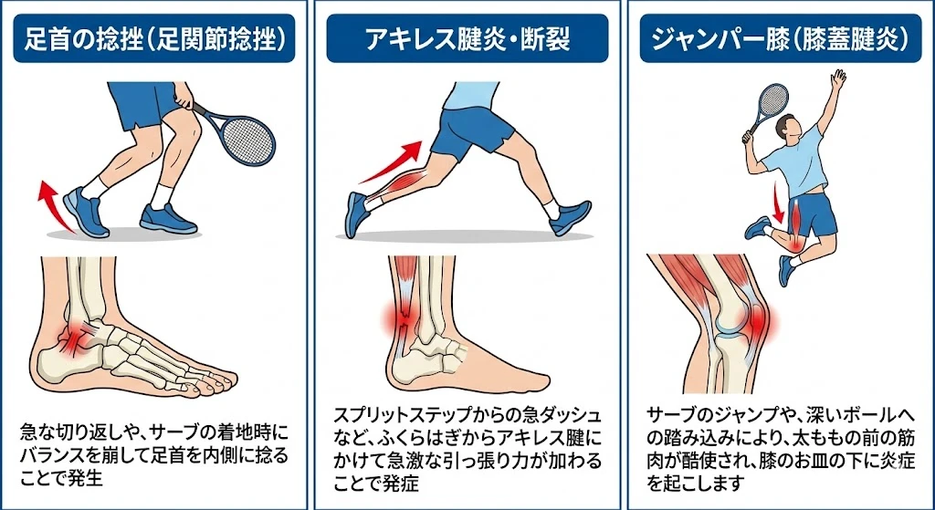 東海市で捻挫、アキレス腱の痛み、ジャンパー膝の解説図