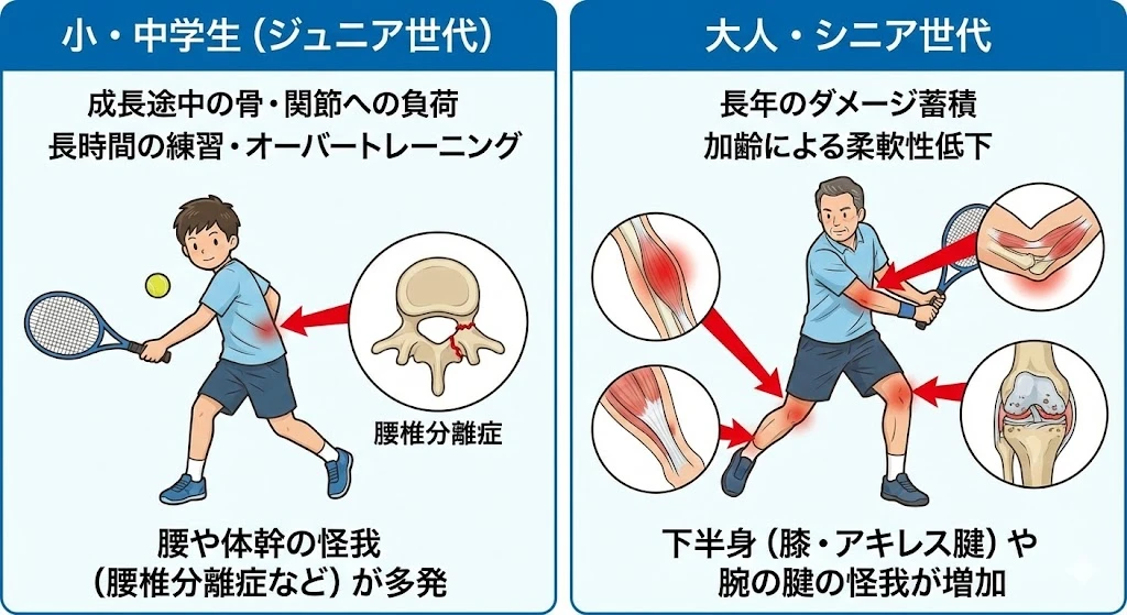 大人と子どものテニスにおける怪我の違い、分離症、アキレス腱の痛み