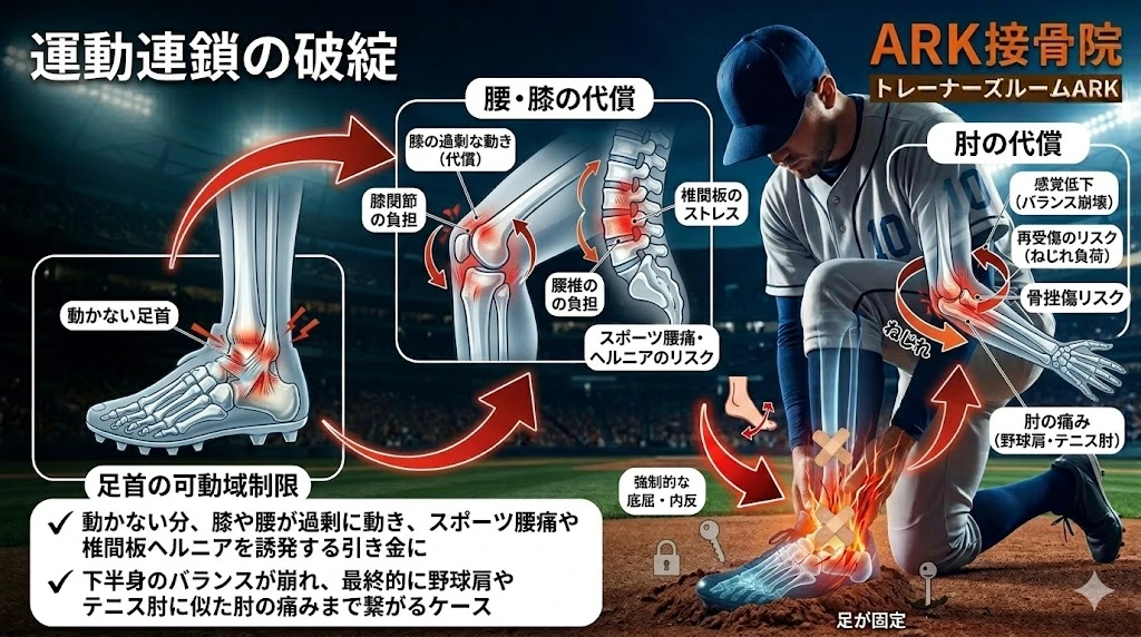 知多市で野球による足首の捻挫の後遺症、運動連鎖の破綻
