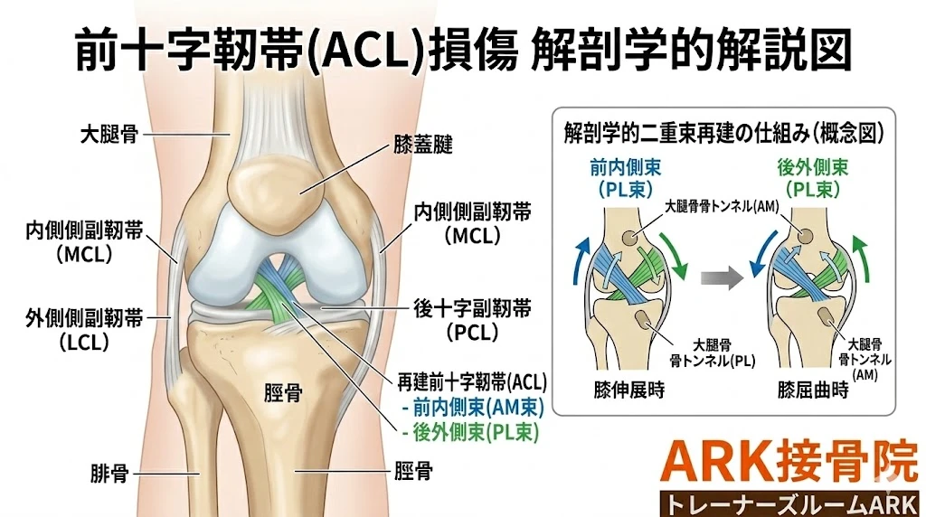 知多市で前十字靭帯損傷、ACL損傷での膝の痛み解説図