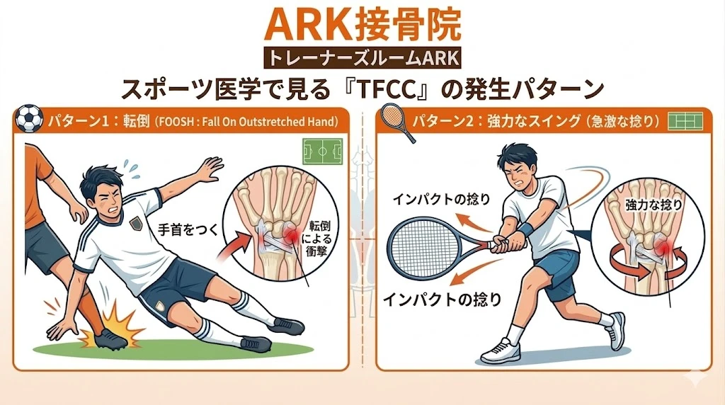 知多市のスポーツ現場で発生しやすいTFCC損傷のメカニズム図解