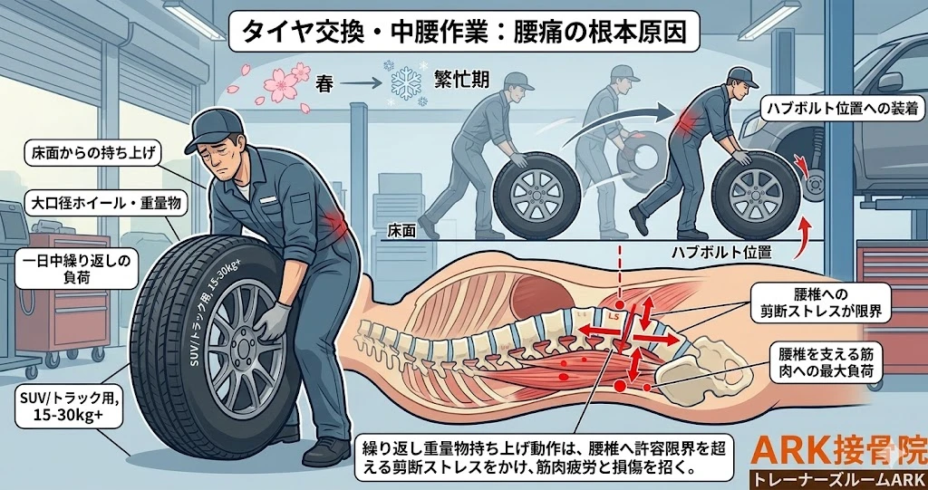 東海市でタイヤ交換での自動車整備士の腰の痛み