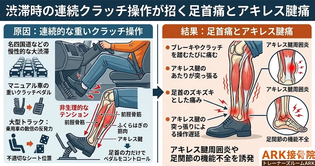 東海市でトラックドライバーに多いクラッチ操作による足首の痛み