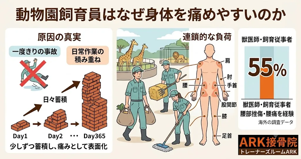 東海市で動物の飼育員に多い肩の痛み、腰の痛み