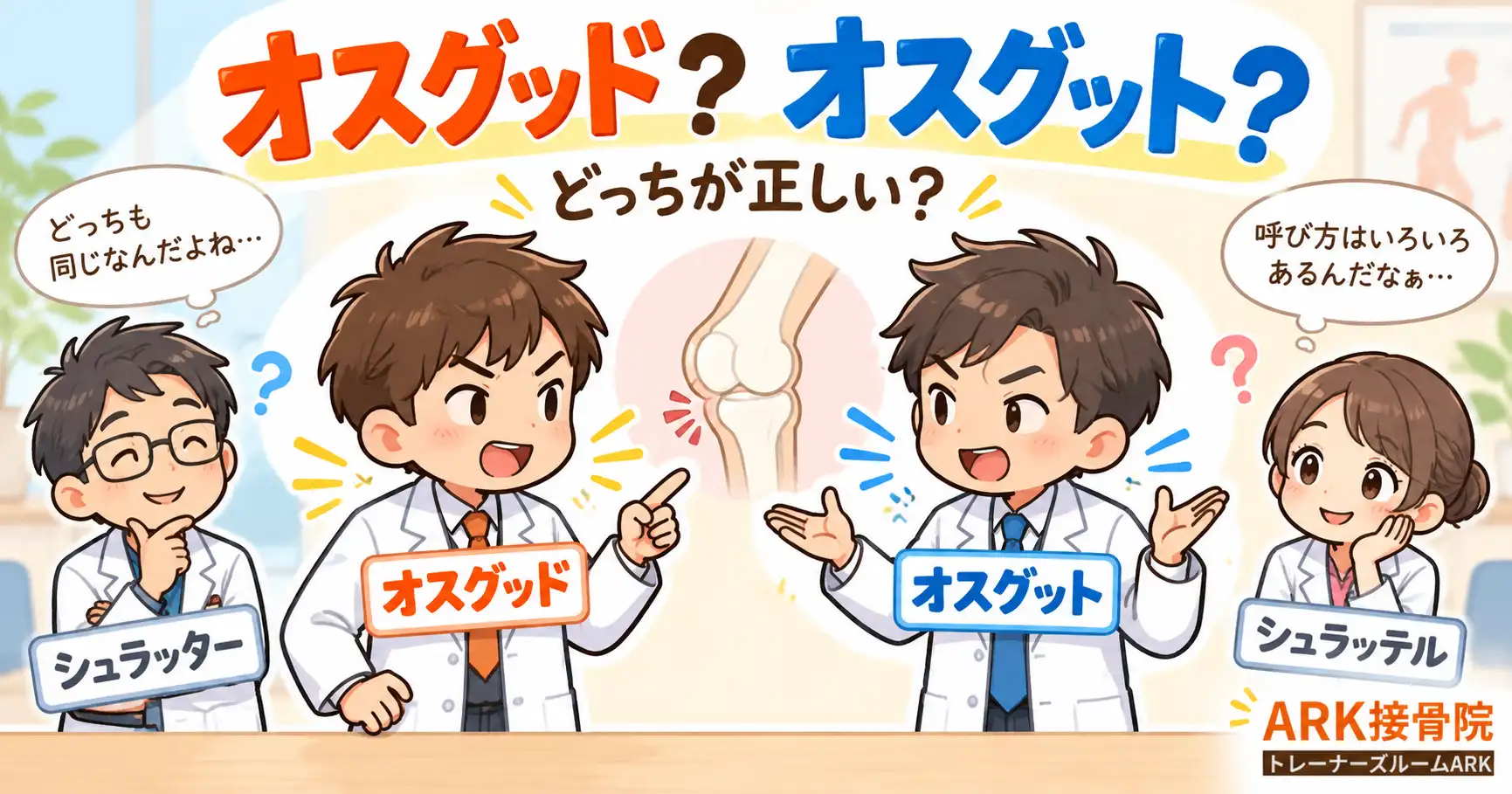 オスグッドとオスグット、シュラッター、シュラッテルという4つの表記揺れと膝の解剖図を並べ、どっちが正しい名称かを解説するアイキャッチ画像